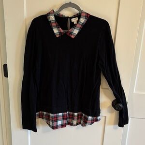 J. Crew Black Sweater with Red Plaid Collar and Hem Trim